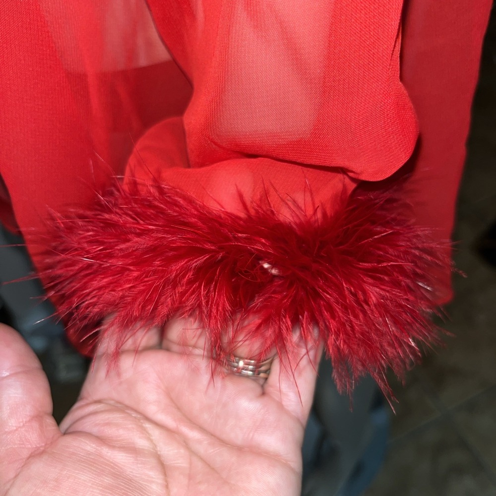 Vtg Cinema Etoile Red Sheer Mesh Boudoir Bed Jacket Faux Fur Trim Coquette Sz M - Picture 5 of 10